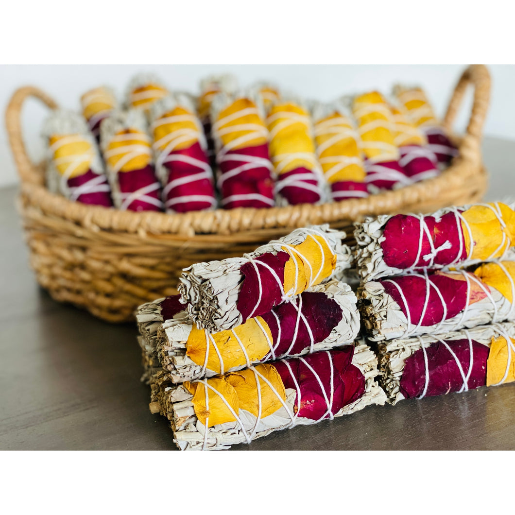 White Sage Smudge Sticks with Dried Rose Petals